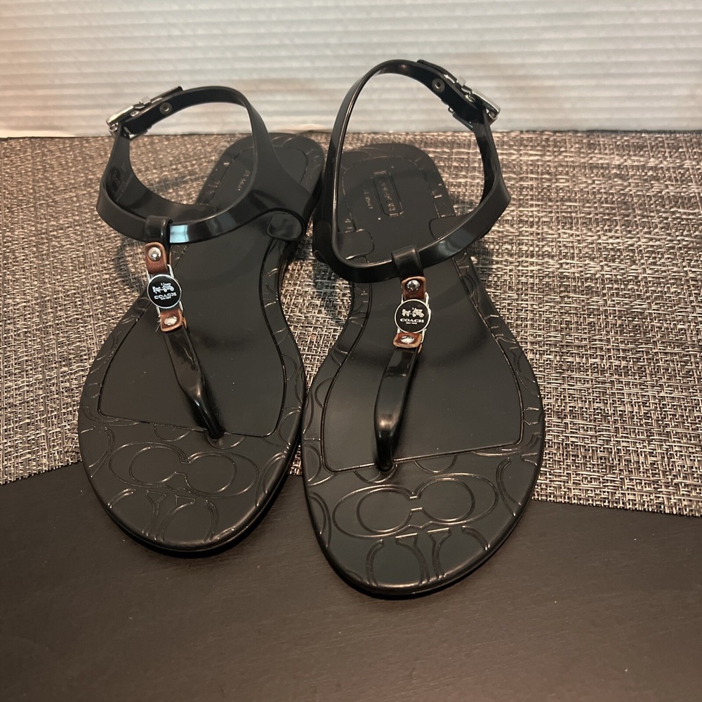Coach Women's Pansy Jelly Sandals Shoes Flat Black Size 7 B Logo